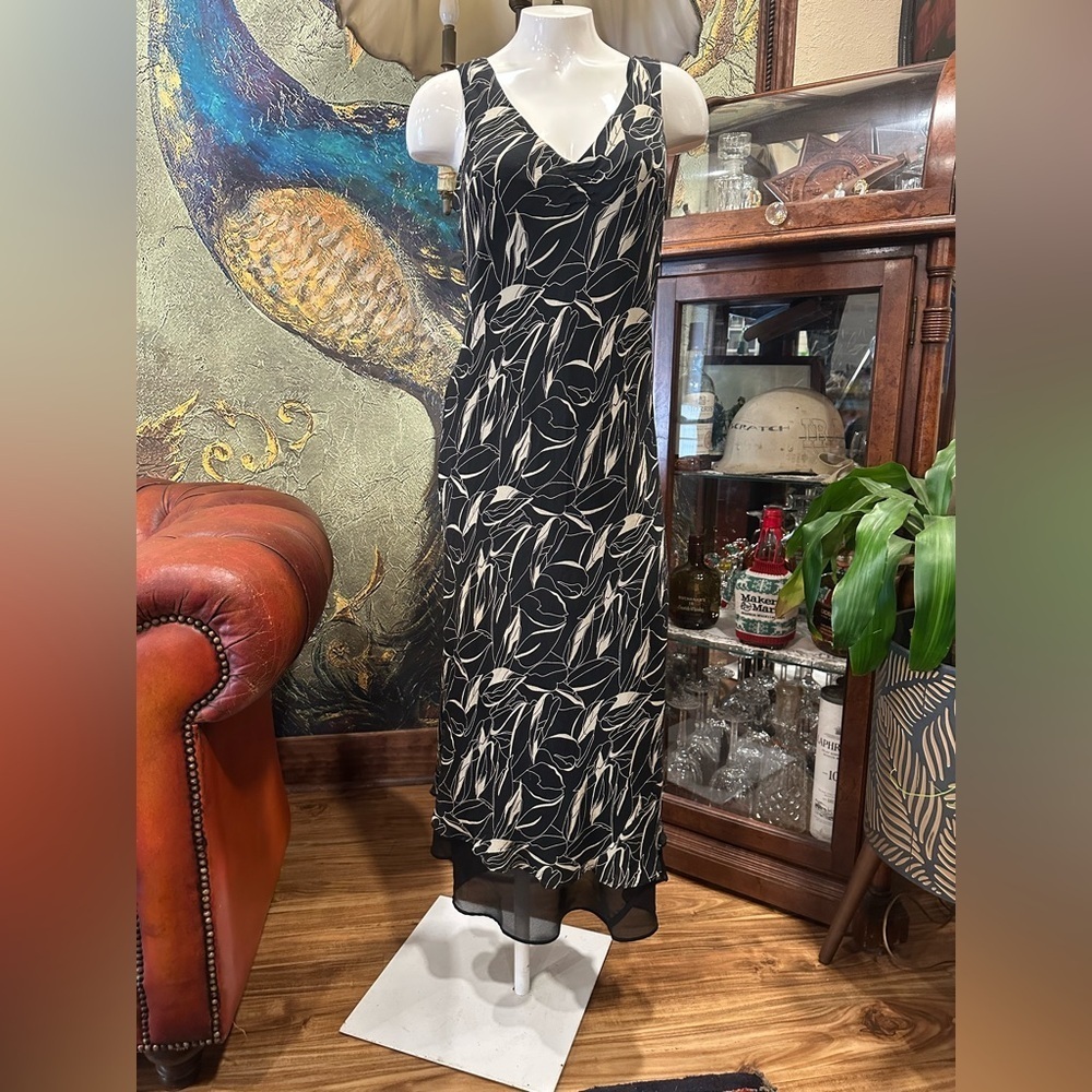 ICE 100% Silk Maxi Dress Vintage 90s Y2K Floral Leaf Print Chiffon Hem Glam 12 - Picture 3 of 7